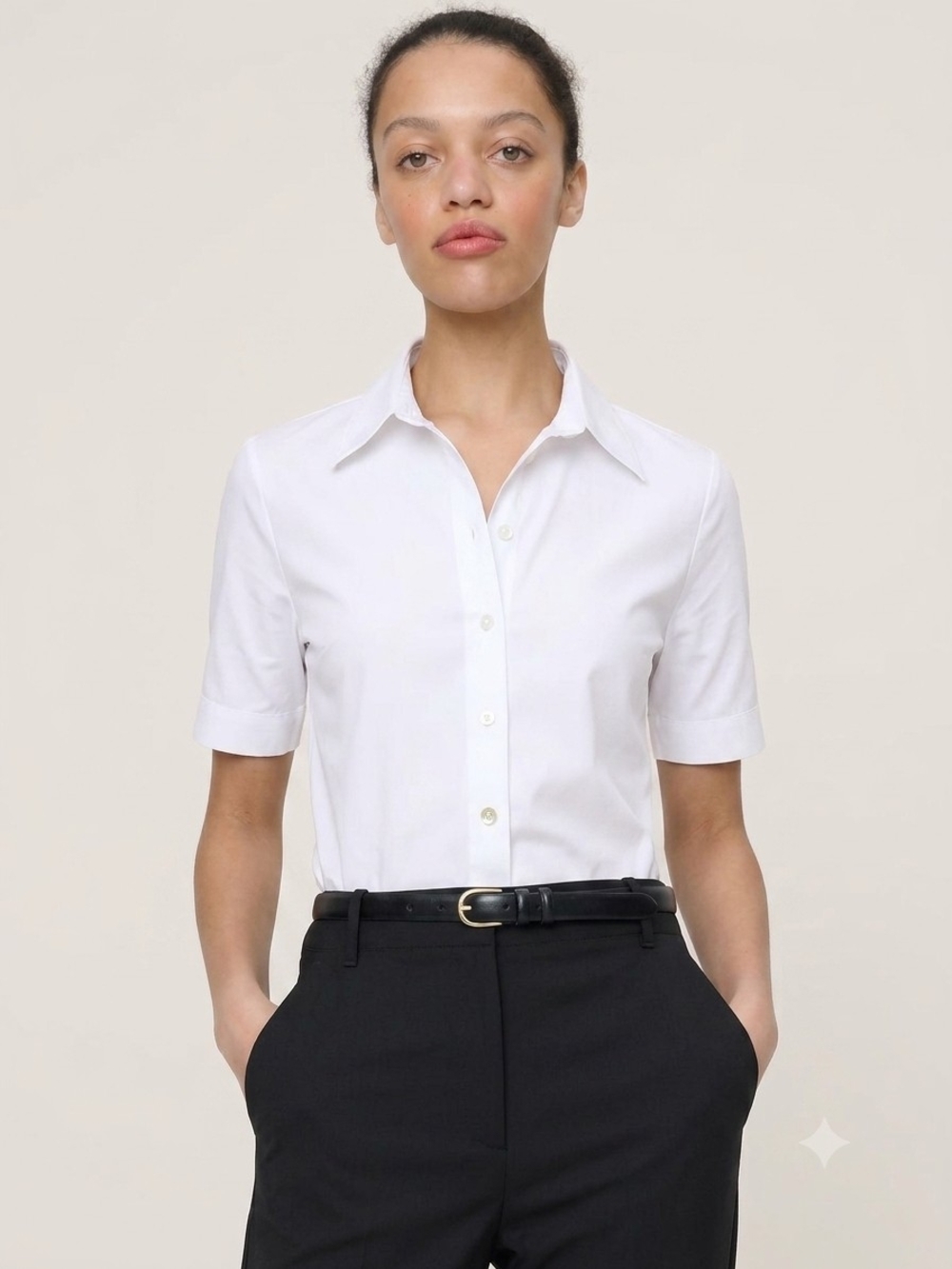 White Short-Sleeve Button Front Shirt - Classic Women's Top - Picture 2 of 10